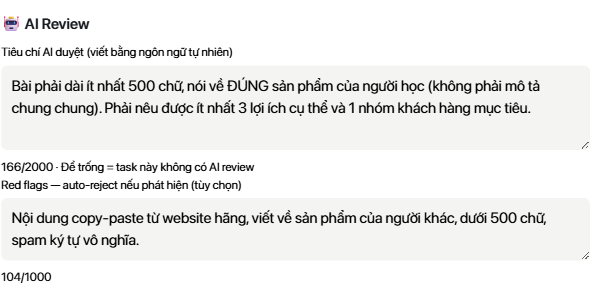 Ô nhập tiêu chí duyệt và dấu hiệu từ chối cho AI, trong bảng sửa nhiệm vụ