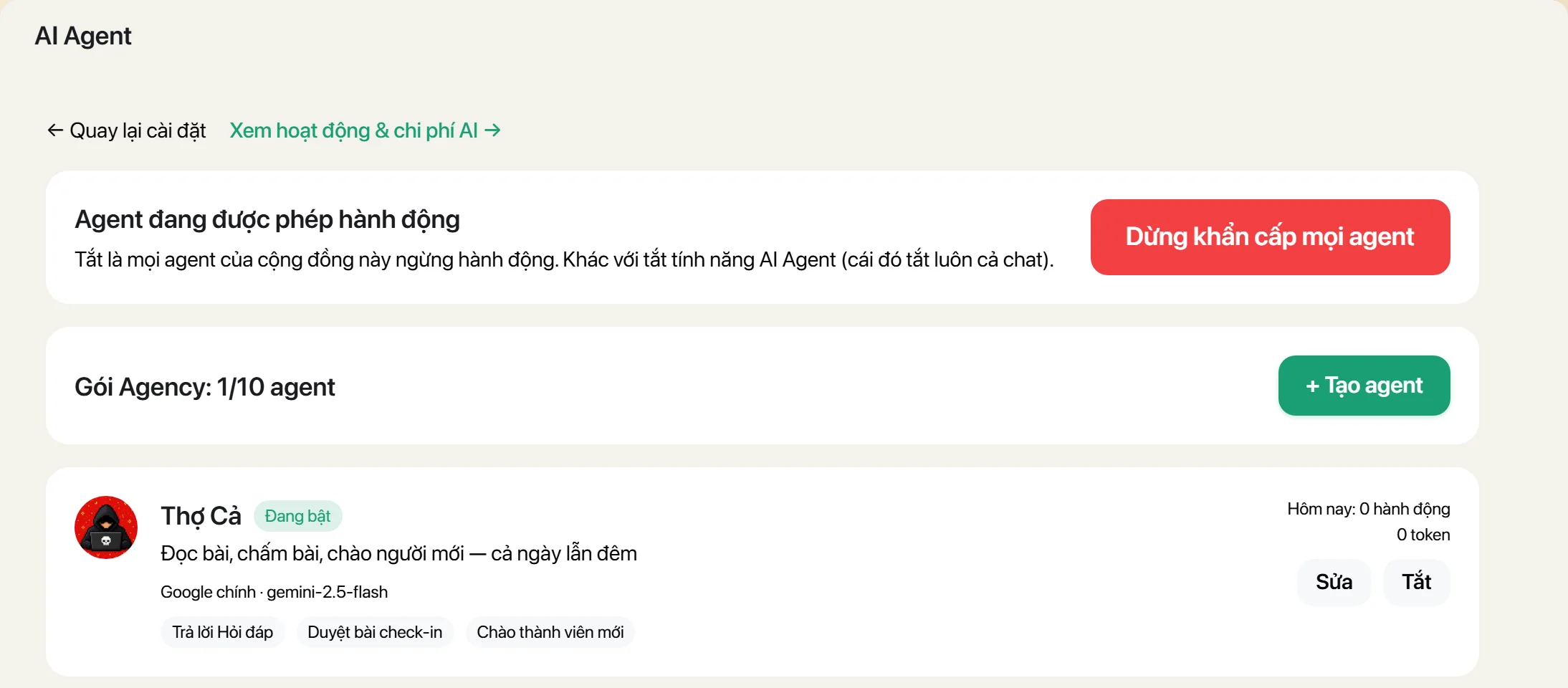 Trang AI Agent với nút dừng khẩn cấp, số agent theo gói và một agent đang bật