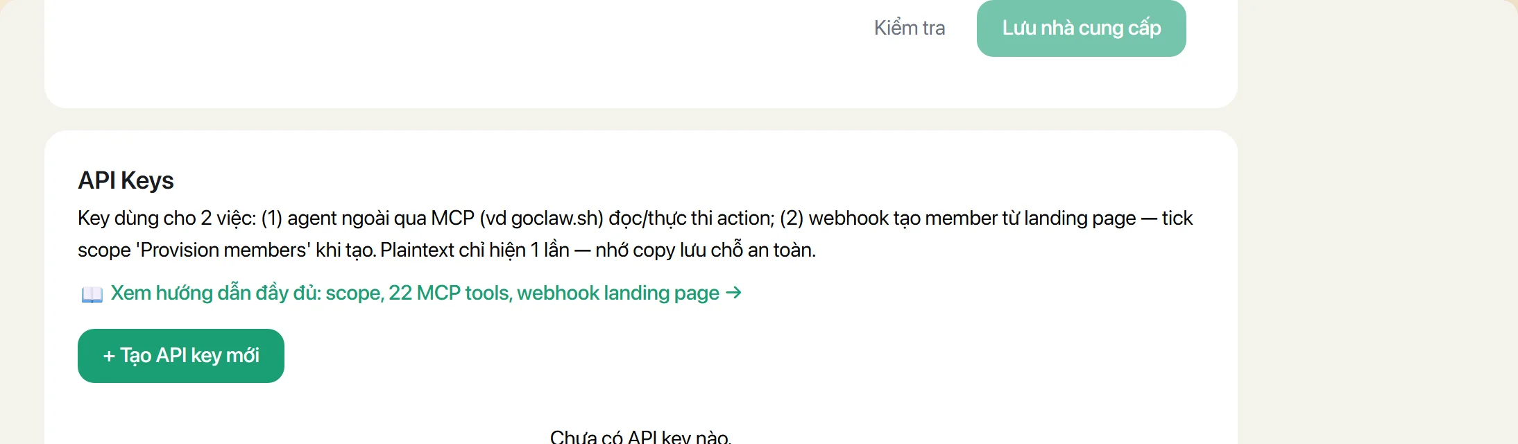 Phần API Keys với nút tạo khoá mới