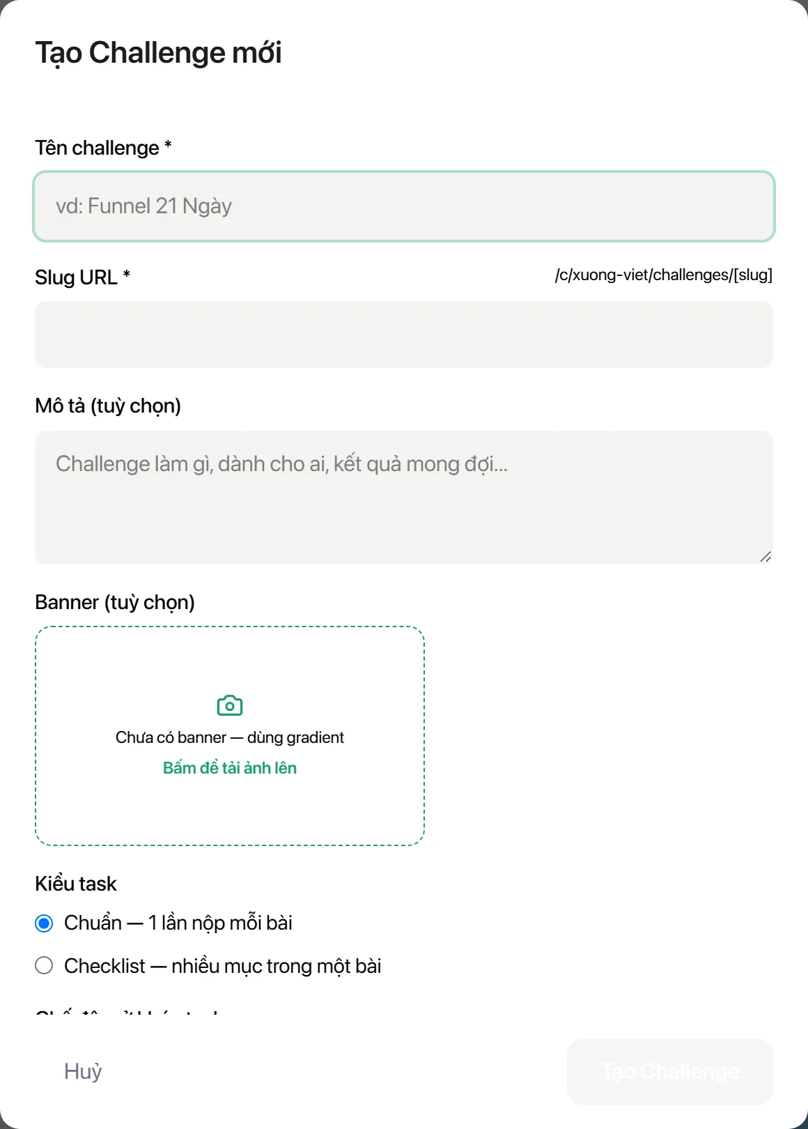 Bảng Tạo Challenge mới với ô tên, slug, mô tả, banner, kiểu task