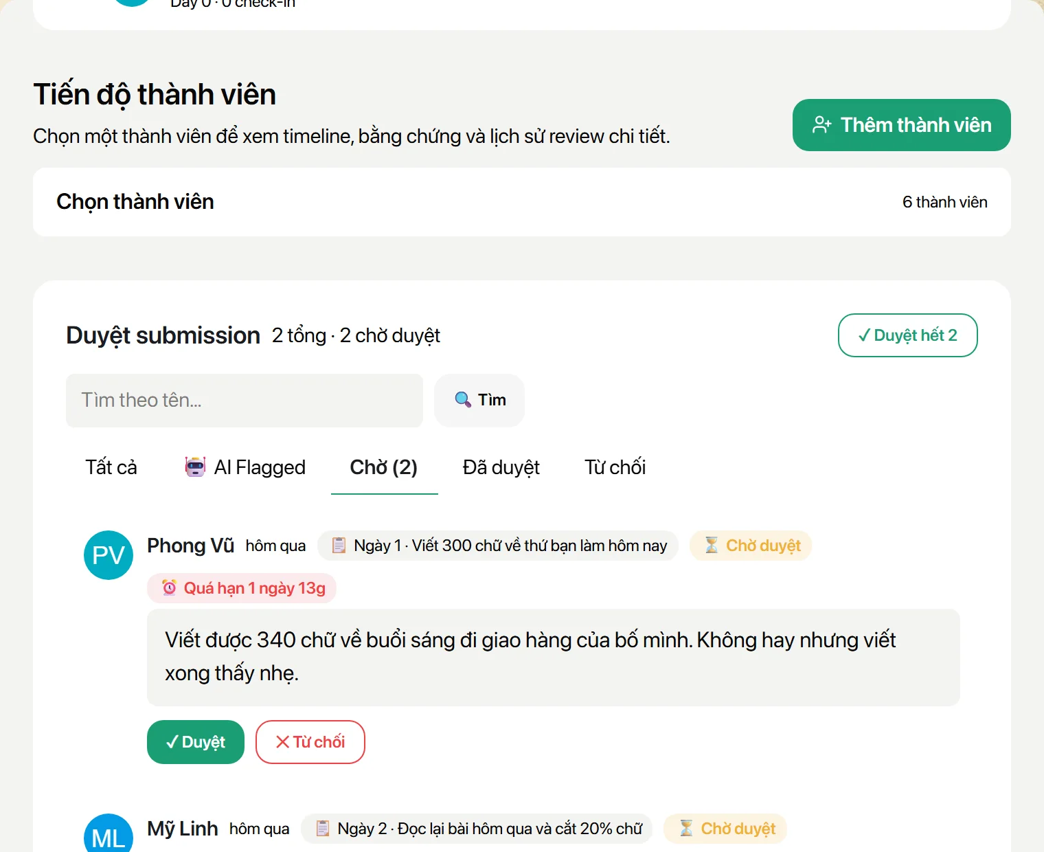 Bảng duyệt bài nộp với tab Tất cả, AI Flagged, Chờ, Đã duyệt, Từ chối