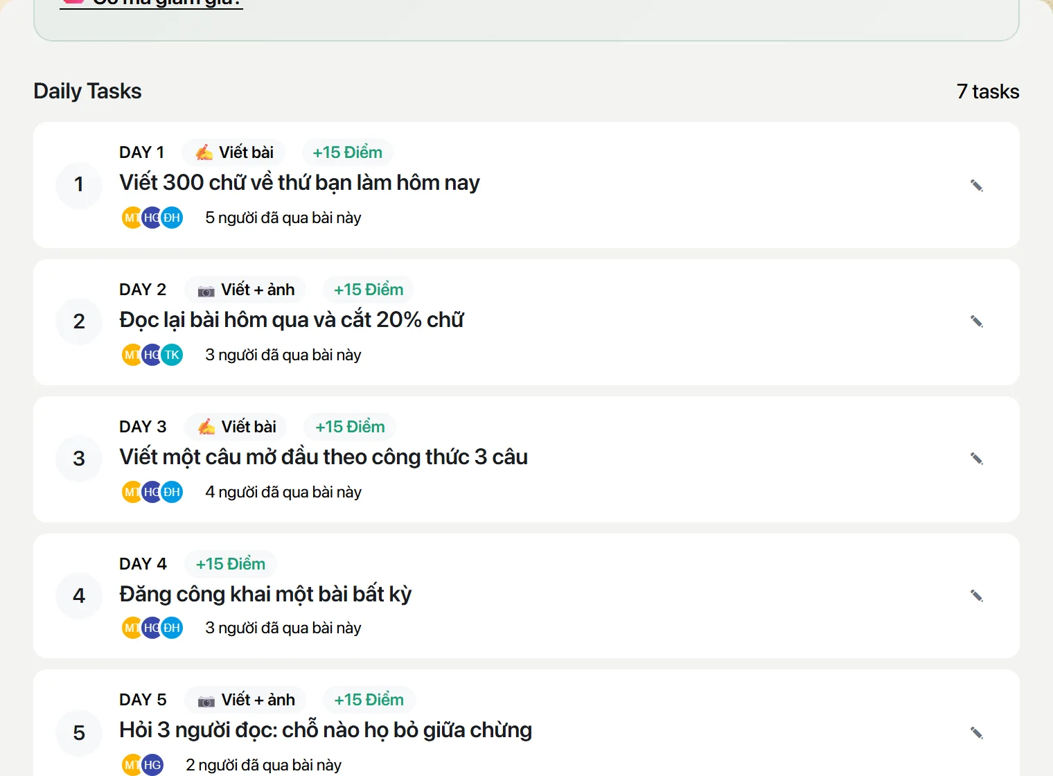 Danh sách bài của challenge, mỗi dòng một ngày