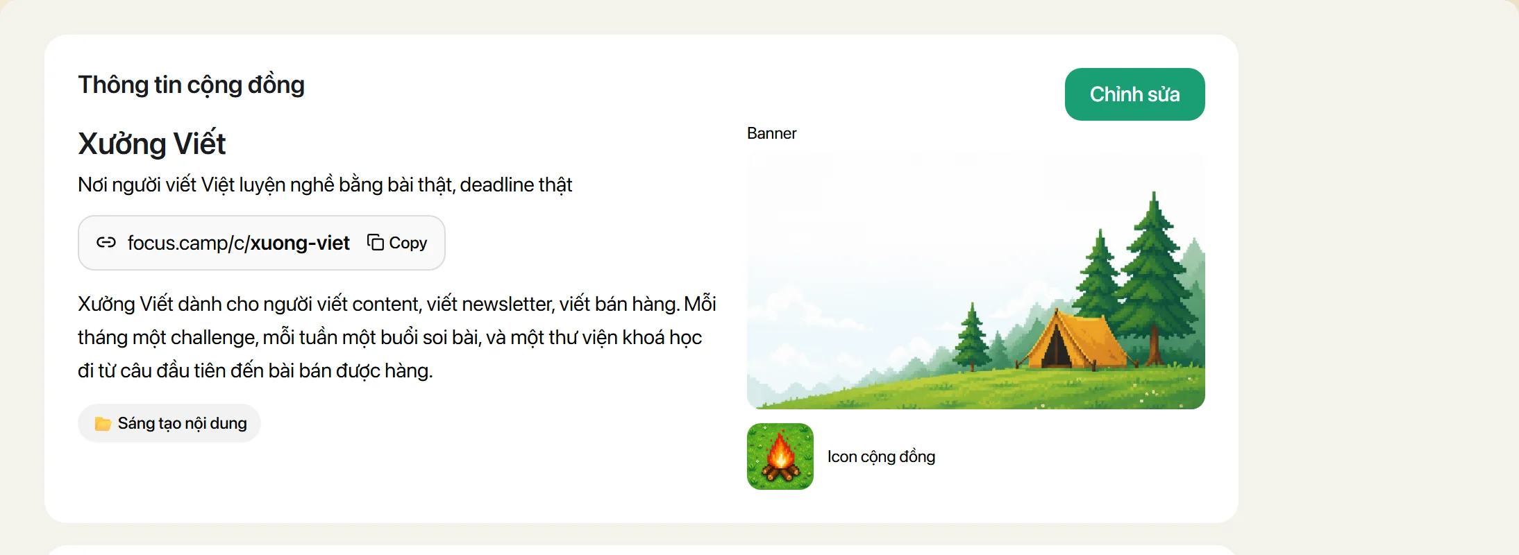 Thẻ thông tin cộng đồng với tên, câu giới thiệu, đường dẫn, mô tả, ảnh bìa và icon