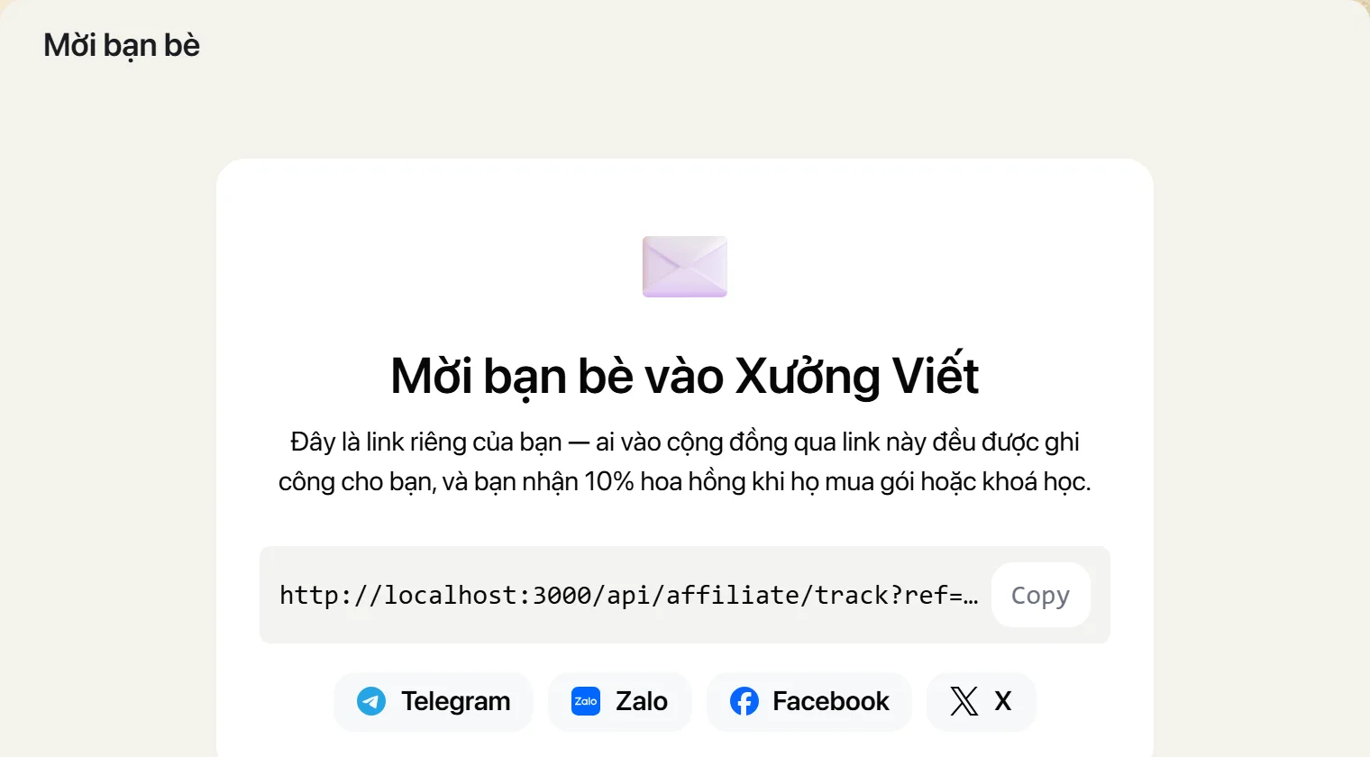 Trang mời bạn bè với link riêng và các nút chia sẻ Telegram, Zalo, Facebook