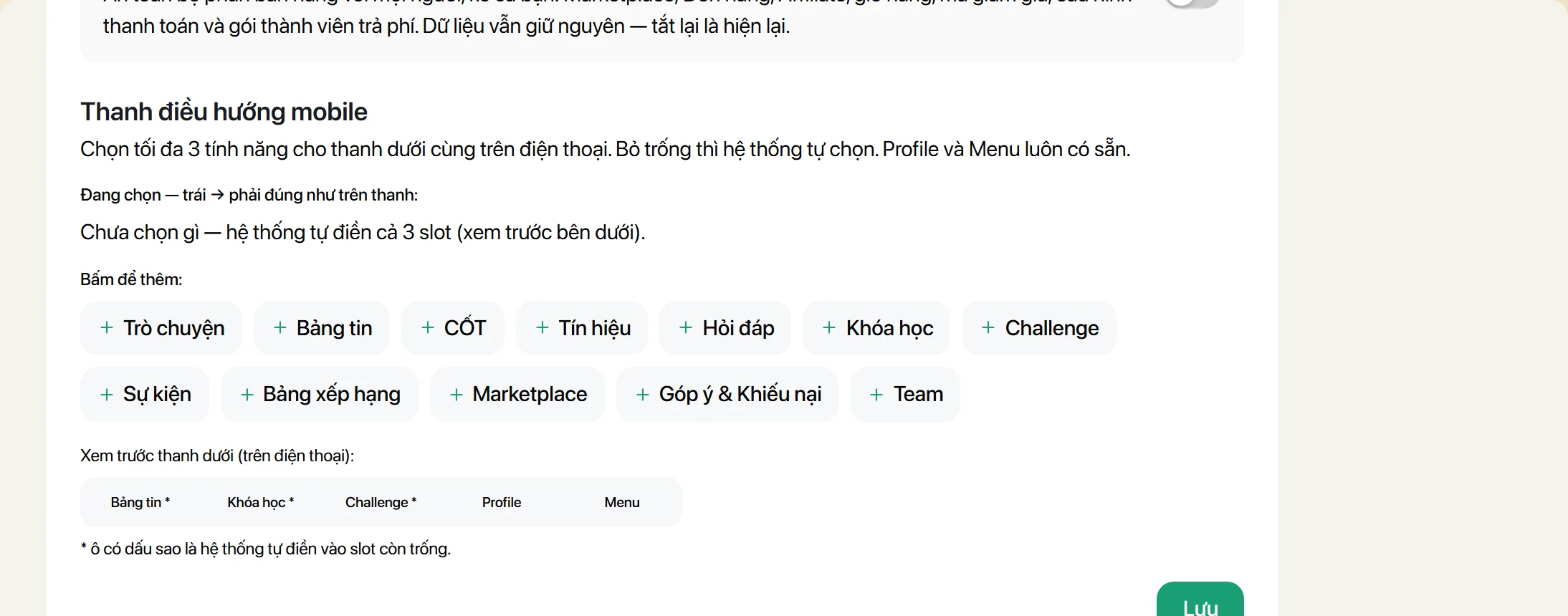 Phần chọn ba tính năng cho thanh điều hướng mobile, có ô xem trước